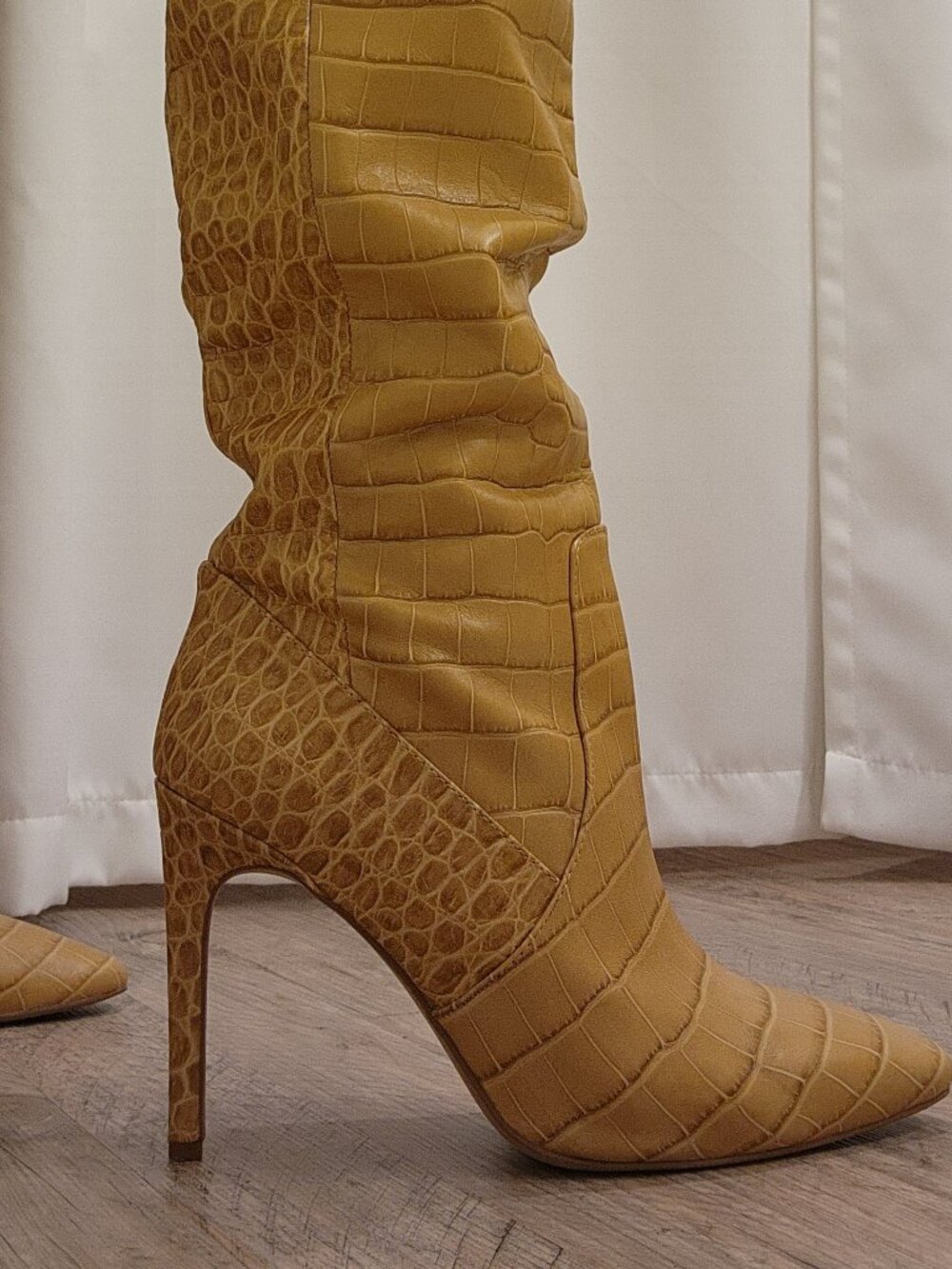 Mustard Yellow Croc Embossed Knee High Stiletto Boots Size 11